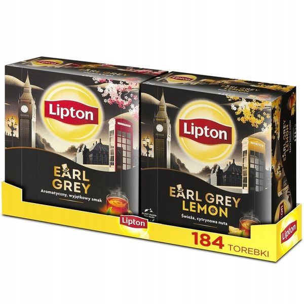 Zestaw Lipton herbata czarna ekspresowa EARL GREY, LEMON 2x92 torebki 322g zdjęcie 1