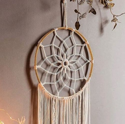 MAKRAMA NA ŚCIANĘ BOHO ŁAPACZ SNÓW OZDOBA ŚCIENNA ZE SZNURKA LIŚCIE OZDOBNE na Arena.pl