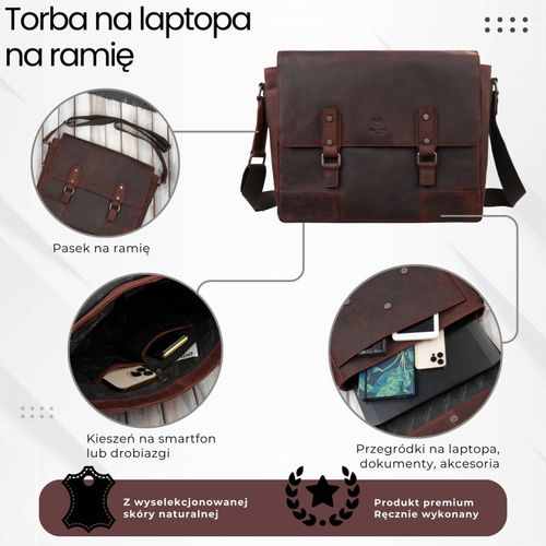 torba skórzana męska na ramię na laptopa brązowa vintage na Arena.pl
