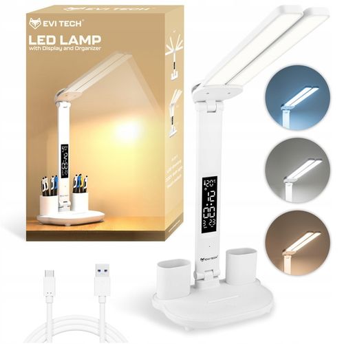 LAMPKA NA BIURKO LED PODWÓJNA BIURKOWA ZEGAR ORGANIZER TEMPERATURA na Arena.pl