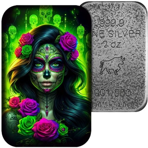 Sztabka Asturmint: Dia de los Muertos "Radioactive Catrina" kolorowana 2 uncje Srebra 2025 Antique Finish na Arena.pl