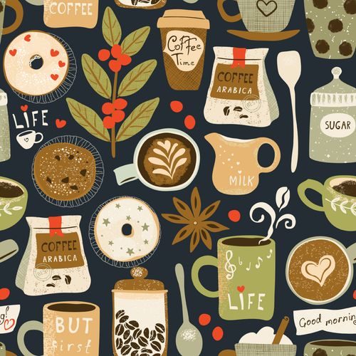 Tapeta Ścienna Ziarna Kawy LIŚCIE Filiżanki Napisy na Arena.pl