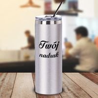 Srebrny kubek Glitter 600 ml z podwójnymi ściankami i słomką z Twoim nadrukiem