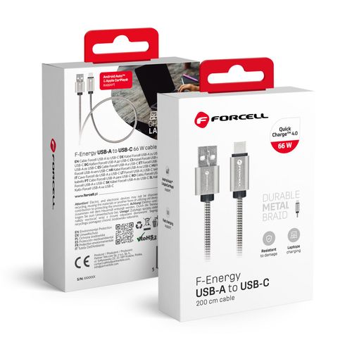 Kabel USB A do USB C Forcell F-Energy QC4.0 3A 66W Metal 2 m C234 srebrny na Arena.pl