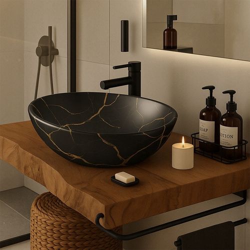 Umywalka nablatowa czarny mat marmur z żyłkami owalna ceramiczna 41x34,5 cm na Arena.pl
