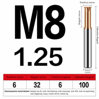 Frez do gwintowania jednoostrzowy Rozmiar: M8x1.25x100L -TiSiN