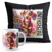 ZESTAW KUBEK + PODUSZKA CZARNA - PIES RASA JAMNIK DACHSHUND HOT DOG