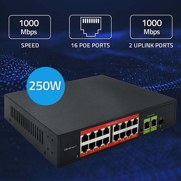 Qoltec SWITCH PoE 16xRJ45 Fast Ethernet + Uplink zdjęcie 3