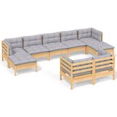 9-cz. zestaw wypoczynkowy do ogrodu, szare poduszki, sosna