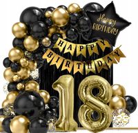 HAPPY BALONY 18 LAT urodziny zestaw dekoracji kurtyna czarne złote