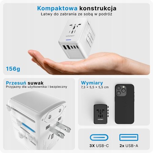 Adapter Podróżny VOOMY Y29 Z Ponad 170 Narodów - 2 Usb A 3 Usbc Biały na Arena.pl