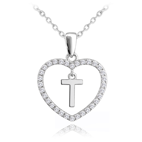 Srebrny naszyjnik litera w sercu „T” z cyrkoniami na Arena.pl