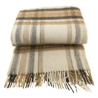 Koc wełniany z frędzlami 100% WEŁNA beżowa krata