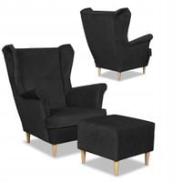 Fotel uszak Angelo z podnóżkiem skandynawski Family Meble czarny aksamitny