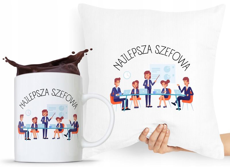 Zestaw Poduszka + Kubek Dla Szefa Szefowej Prezent Z Nadrukiem Ze Zdjęciem zdjęcie 1