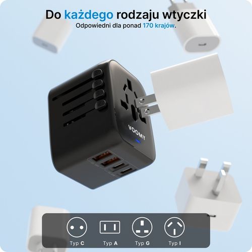 Wtyczka światowa VOOMY - 170+ krajów, 20W, 2 USB-C & 2 USB-A, Czarna na Arena.pl
