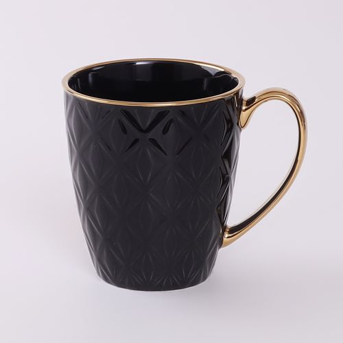 PORCELANOWY KUBEK NA KAWĘ HERBATĘ CZARNY ZDOBIONY ZE ZŁOTYM UCHEM 360ML na Arena.pl