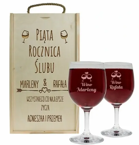 PREZENT NA ROCZNICĘ ŚLUBU SKRZYNKA PUDEŁKO NA WINO + DWA KIELISZKI GRAWER na Arena.pl