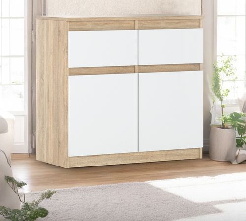 Komoda Biała Z Drewnem 2 Szuflady Oleksa 80cm Pojemna Szafka Rtv Dąb Sonoma na Arena.pl