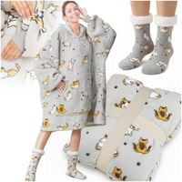 KOC BLUZA OVERSIZE GRUBA KOCOBLUZA Z KAPTUREM W KOTY FUTRZAK XXL + SKARPETY