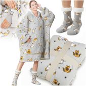 KOC BLUZA OVERSIZE GRUBA KOCOBLUZA Z KAPTUREM W KOTY FUTRZAK XXL + SKARPETY