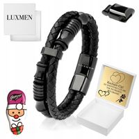 SKÓRZANA BRANSOLETKA MĘSKA CZARNA TYTANOWA STAL Z GRAWEREM REGULOWANA MOCNA