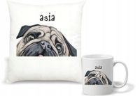 Zestaw PODUSZKA i KUBEK PERSONALIZOWANY nadruk MOPS grafika + twoje imię