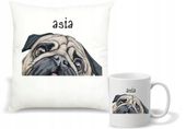 Zestaw PODUSZKA i KUBEK PERSONALIZOWANY nadruk MOPS grafika + twoje imię