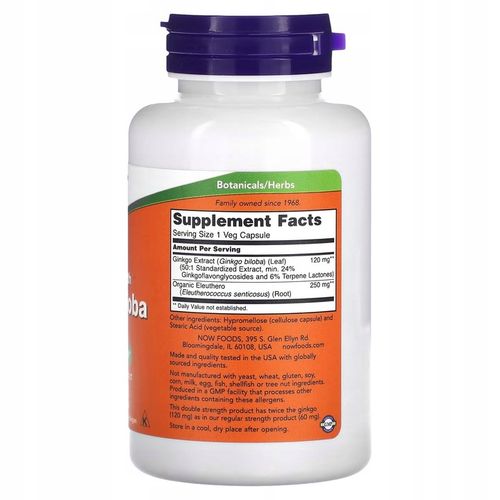 NOW Foods Ginkgo Biloba 120mg Miłorząb Japoński 24% PAMIĘĆ VEGE 100kap na Arena.pl