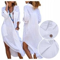 PAREO biała długa KOSZULA sukienka letnia plażowa BOHO tunika na plażę M