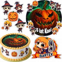 ZESTAW OPŁATEK NA TORT 20CM + 16 POSTACI - HALLOWEEN + IMIĘ 15CM 18CM