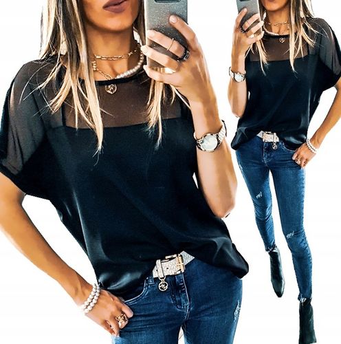 . BLUZKA TIULOWA Z SIATECZKĄ LUŹNA ELEGANCKA XL na Arena.pl