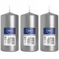 ZESTAW 3 ŚWIEC STOŁOWYCH WALEC KLASYCZNA ŚWIECZKA 10cm SREBRNA