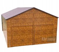 GARAŻ BLASZANY 7m x 12m dwuspad - 2x Brama uchylna + drzwi - jasny orzech - blachodachówka BOX92