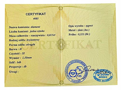 SYGNET ZŁOTY Z BRYLANTEM SUPER CENA 333 8K R21 na Arena.pl