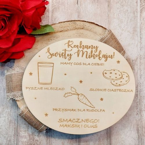 DREWNIANY TALERZYK TACKA NA MLEKO I CIASTKA DLA MIKOŁAJA RUDOLFA+TWOJE IMIĘ na Arena.pl