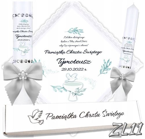 Biała szatka i świeca do chrztu ECO imię i data BOHO gromnica pudełko na Arena.pl