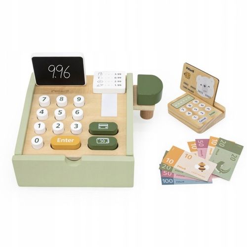 Drewniana kasa sklepowa PolarB w kolorze zielonym z terminalem i gotówką na Arena.pl