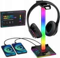 Stojak na słuchawki LED RGB 10 kolorów z ładowarkami 2x USB,1x USB-C czarny