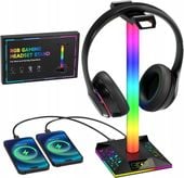 Stojak na słuchawki LED RGB 10 kolorów z ładowarkami 2x USB,1x USB-C czarny
