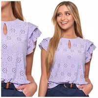 BLUZKA DAMSKA AŻUROWA KRÓTKI RĘKAW MOTYLKOWY ELEGANCKA FIOLETOWA MORAJ XXL