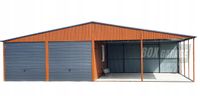 GARAŻ BLASZANY 6m x 6m poziom + wiata 6m x 6m - dwuspad 2x Brama uchylna + 2x wiata + drzwi - jasny orzech ANTRACYT BOX83