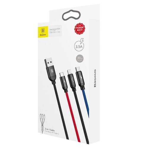 kabel usb baseus 3w1 usb-c / lightning / micro 3,5a 0,3m (czarny) na Arena.pl