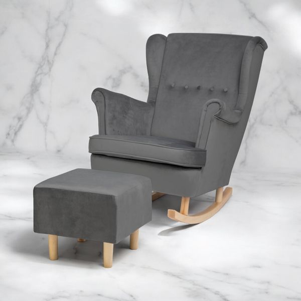 Ciemny szary Fotel Bujany Uszak + Podnóżek + Poduszka