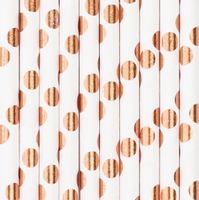 Słomki papierowe białe w kropki rose gold, 10 szt.