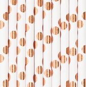 Słomki papierowe białe w kropki rose gold, 10 szt.