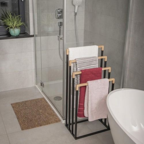 Stojak łazienkowy wieszak na ręczniki czarny stojący do łazienki bambus na Arena.pl