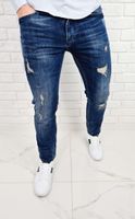 Ciemne jeansy meskie slim fit z dziurami bawelniane 7391 - 38
