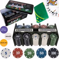 ZESTAW DO POKERA TEXAS ŻETONY 200 szt. DEALER BLIND KARTY 2 TALIE MATA ETUI