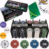 ZESTAW DO POKERA TEXAS ŻETONY 200 szt. DEALER BLIND KARTY 2 TALIE MATA ETUI